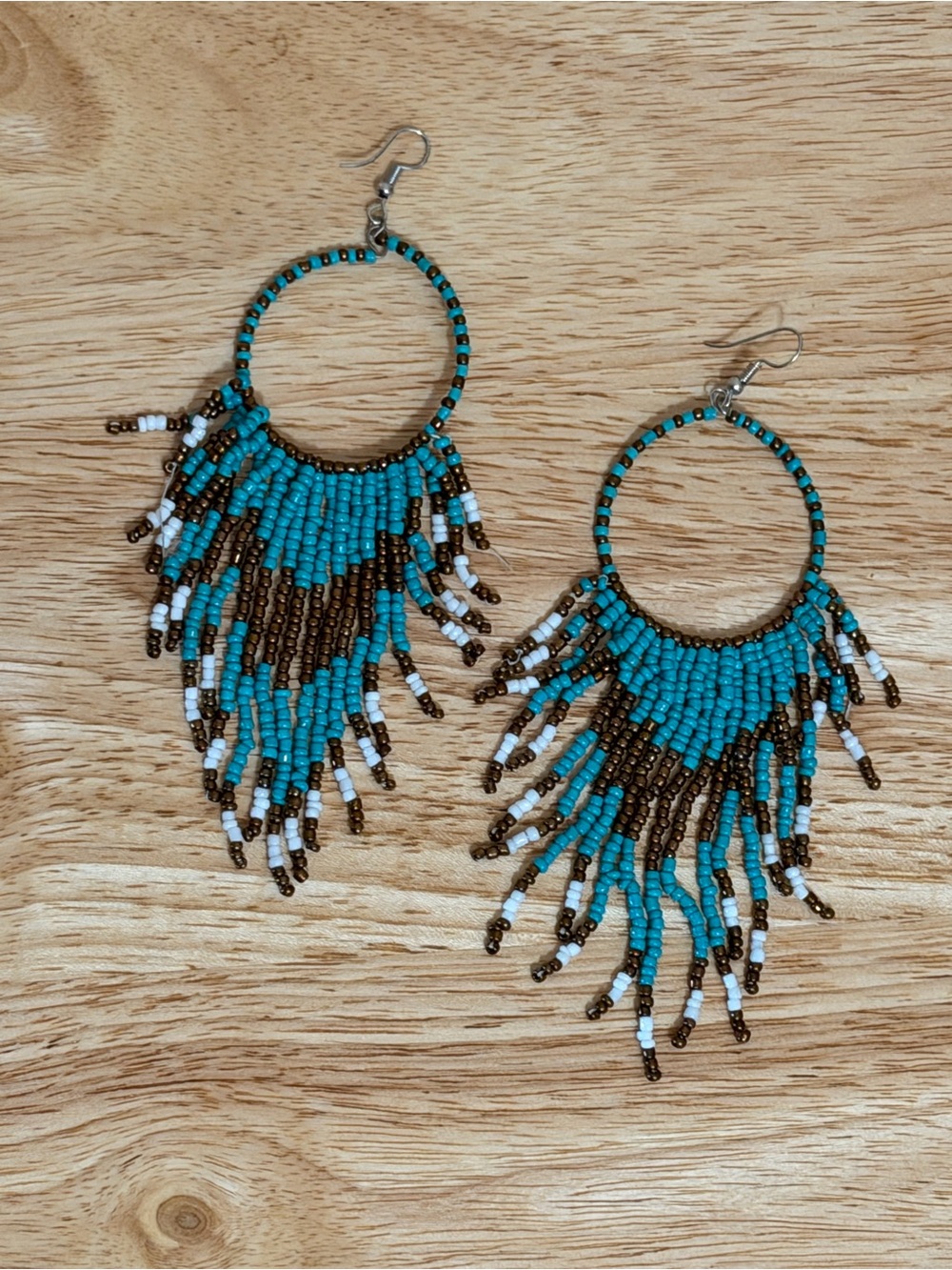 Beaded Fringe Earrings in Blue & Brown